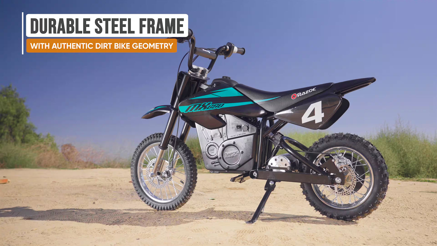 Razor MX650 Dirt Rocket eBike w/ 10 miles Max Operating Range and 17 mph Max Speed - Black/Teal