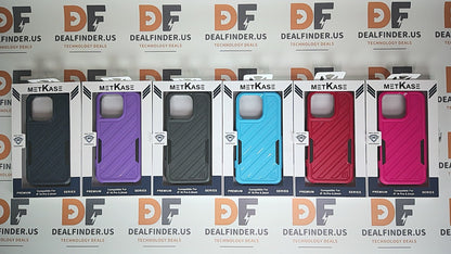 MetKase phone cases in various colors on a branded background