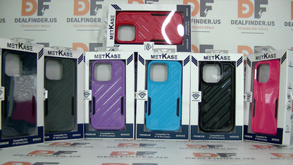 MetKase phone cases in various colors on a branded background